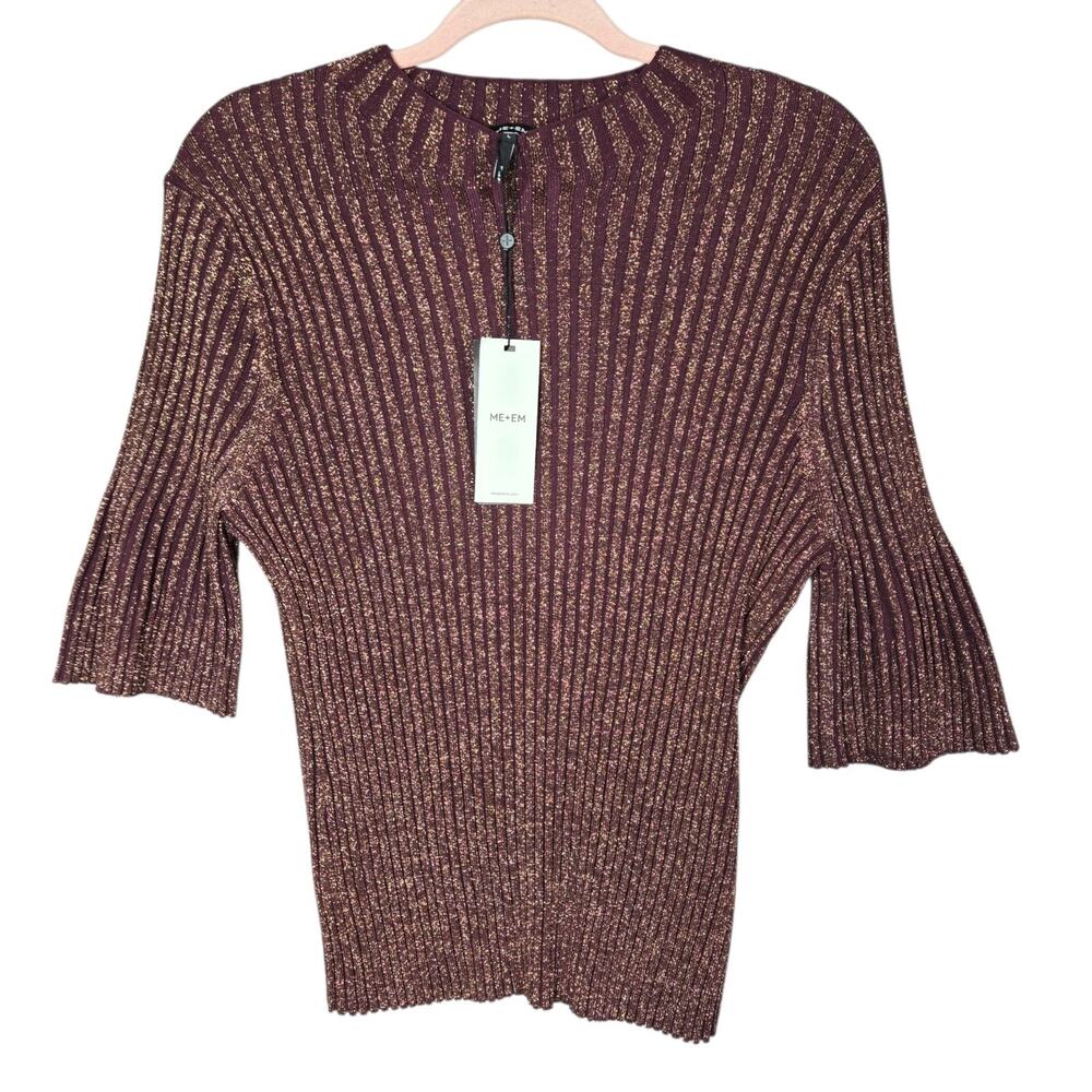ME+EM Rib Metallic Knit Top Womens Large L NWT Merlot Bronze Mock Neck Blouse